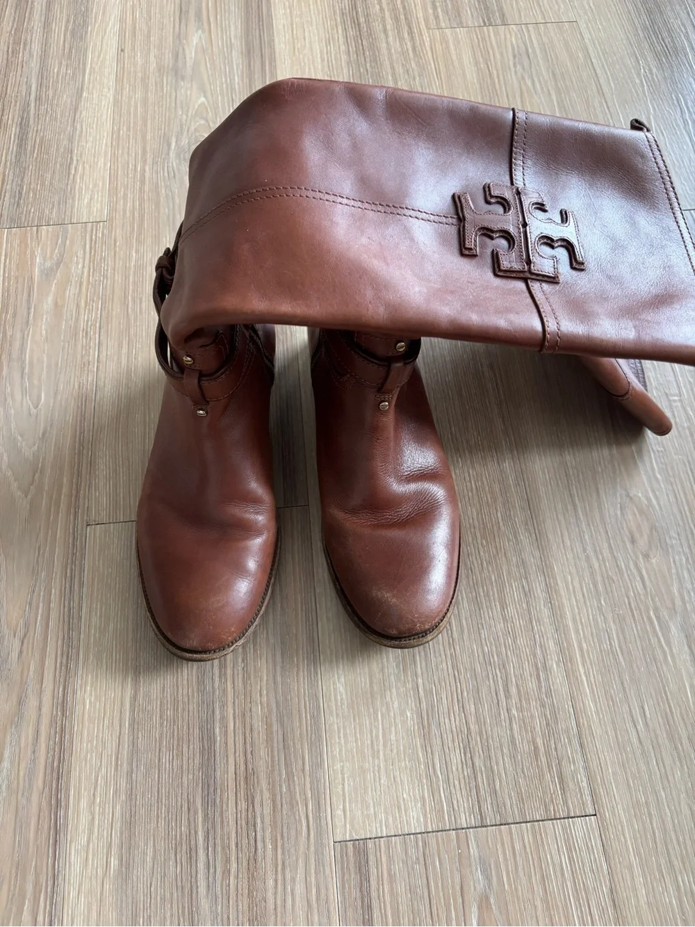 Tory Burch Riding Boots Brown Leather Logo Womens US 7.5 Classic Cowgirl Preppy